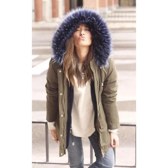 Zara Winter Coat With Blue Fur Hood Nwt 